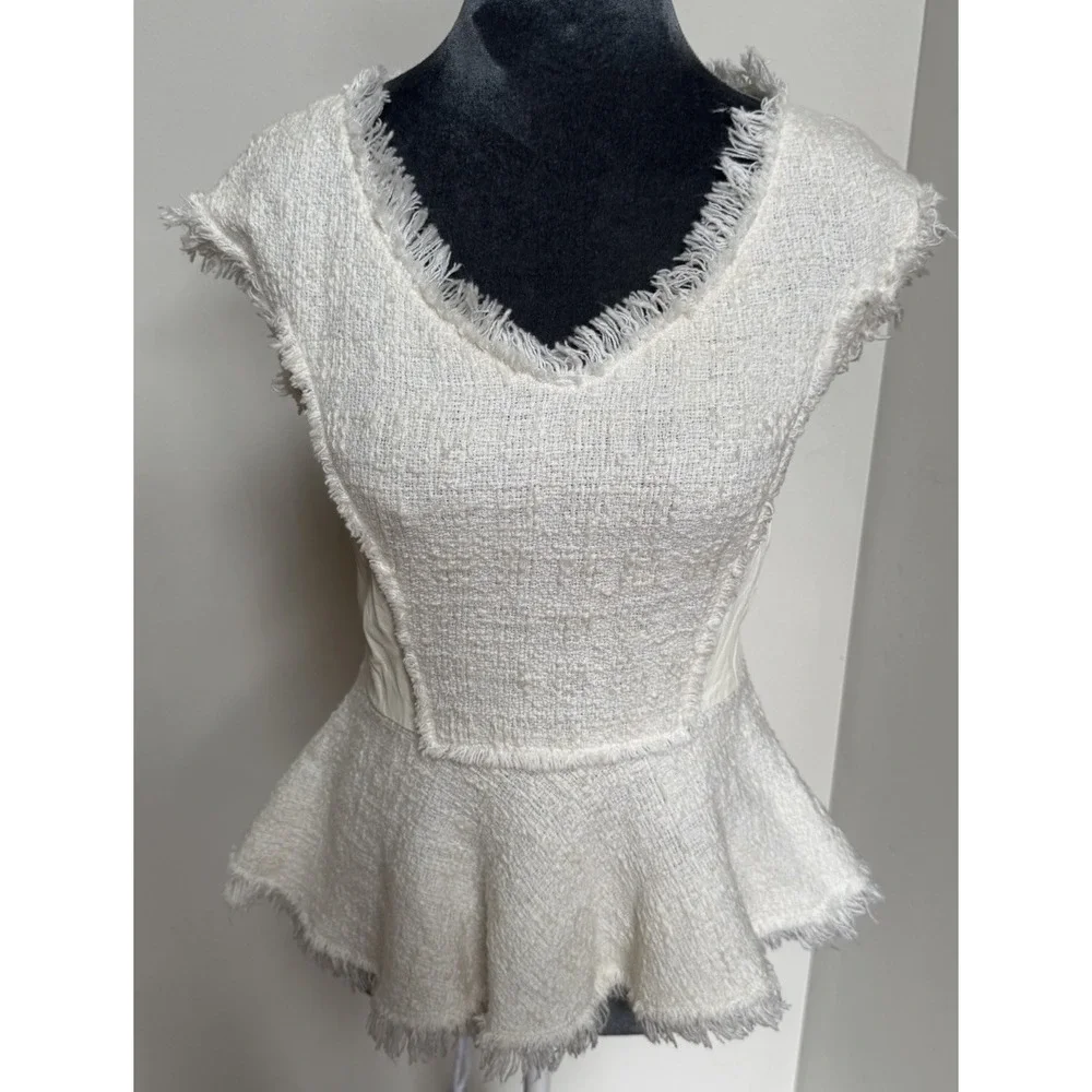 Rebecca Taylor Blouse 4 Tweed Leather‎ Peplum Coquette Old Money Luxury $350 - Picture 15 of 16